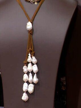 Rarities Carol Brodie Baroque Pearl Y-Drop 32" Suede Necklace Tan / White NWT